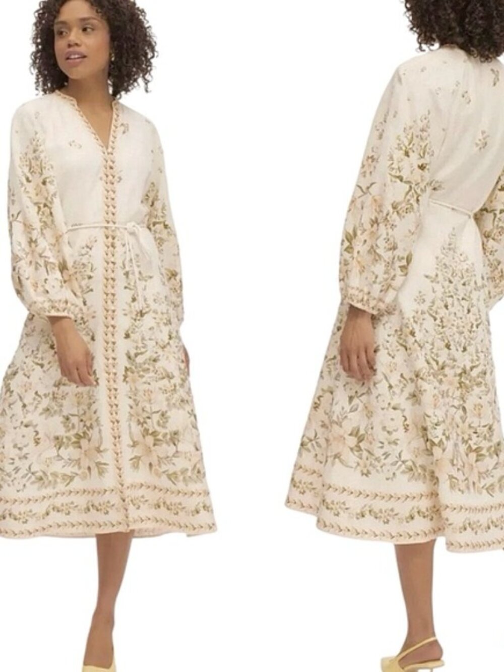 NWT Calypso St. Barth Floral Print Linen Button Front Midi Peasant Dress Size M - Picture 2 of 7